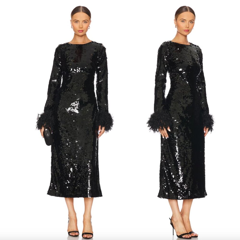 NEW Show Me Your Mumu Pricilla Midi Dress With Faux Fur Black Sequin Long Sleeve